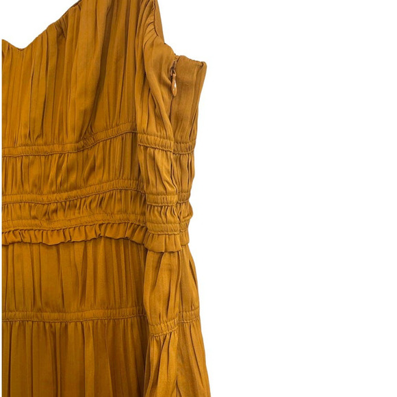 Anthropologie Women’s Sz 12 Ruched Tiered Midi Pleated Satin Slip Dress Gold NEW - Picture 8 of 12